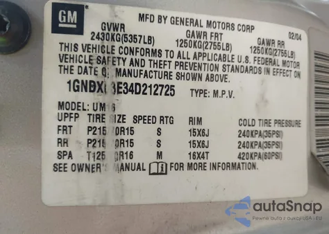2004 Chevrolet Venture Ls z USA, uszkodzony, nr VIN 1GNDX03E34D212725